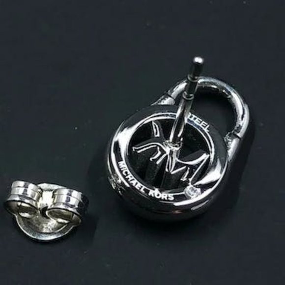 Michael Kors Silver Tone Pave Crystal Padlock Logo Earring Studs - Picture 4 of 5